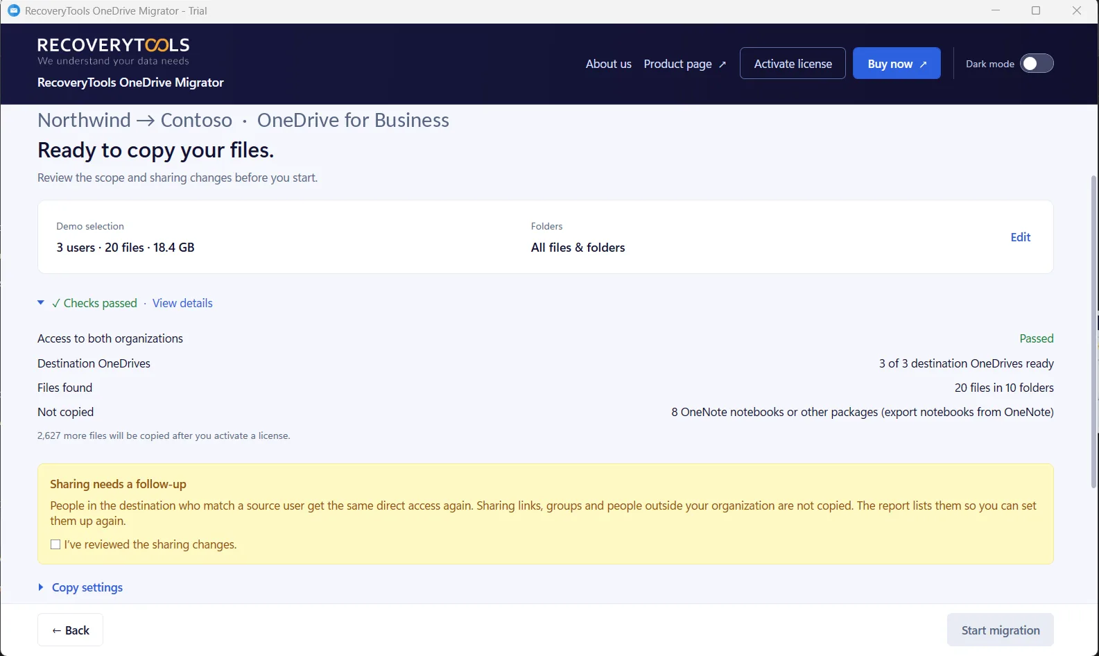 OneDrive migration checks passed, showing files found and what will not be copied