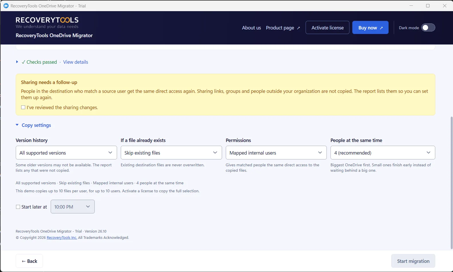 OneDrive migration copy settings for version history, existing files, permissions and how many people copy at once