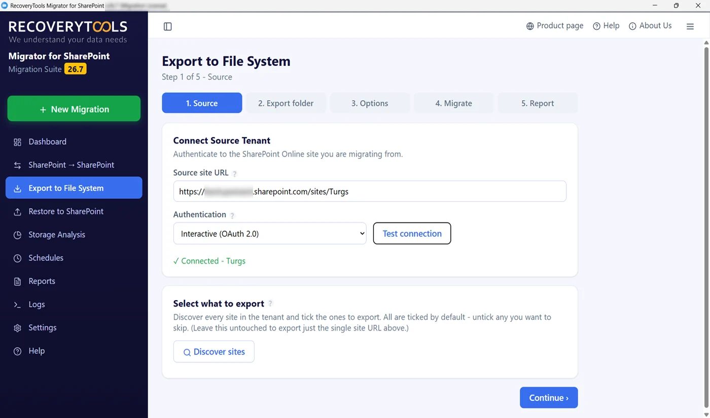 SharePoint Online backup source step with site discovery
