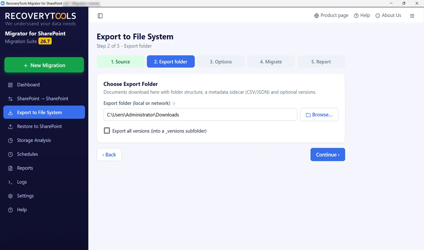 SharePoint backup writing documents to a local folder as plain files