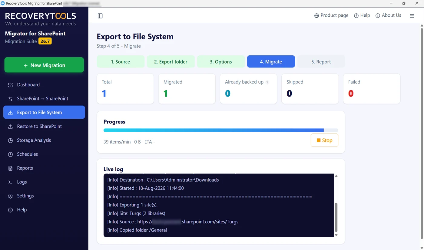 SharePoint backup running with live counters and a log