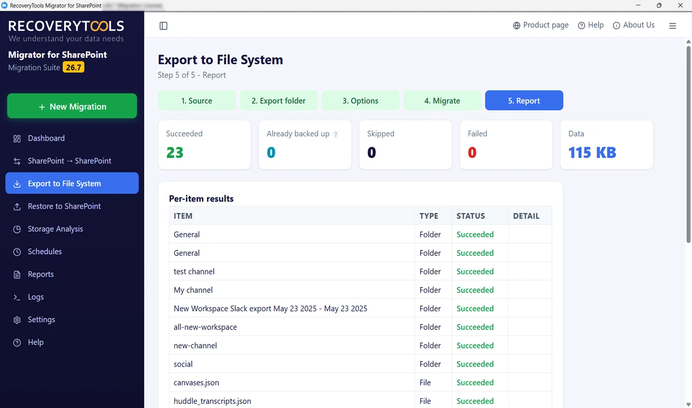 SharePoint backup report with per-item status and totals
