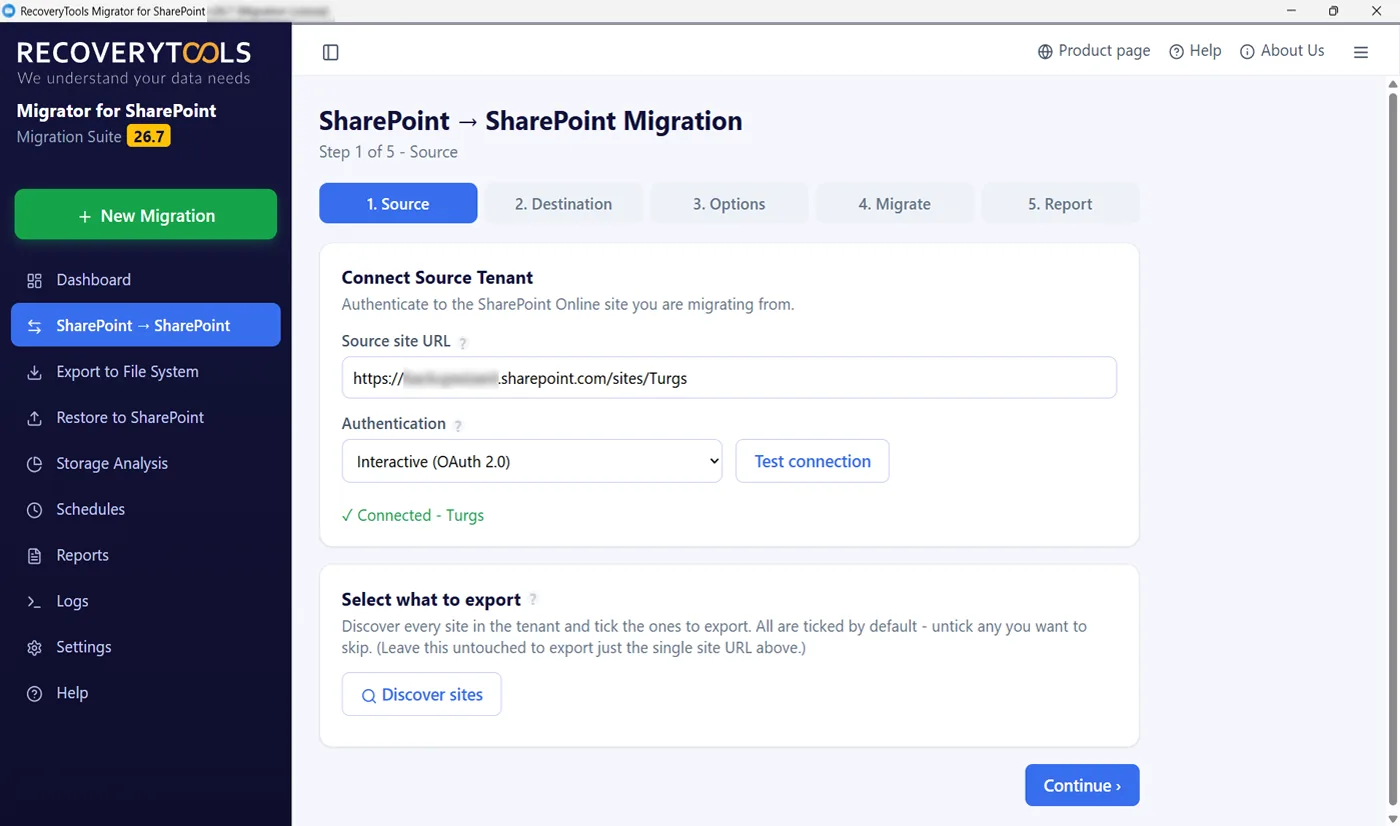 SharePoint migration tool discovering sites over OAuth 2.0