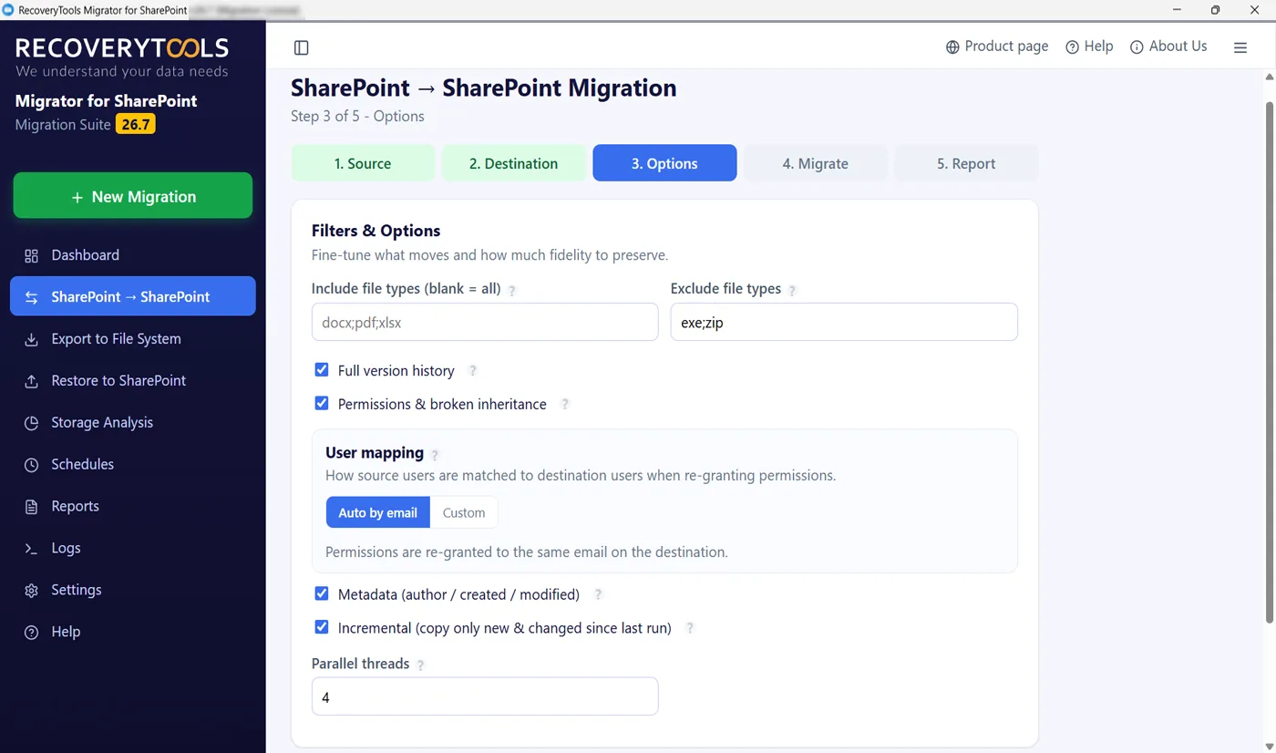 SharePoint data migration filters for file type and version history