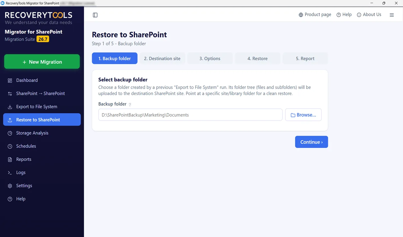 SharePoint export tool restoring a backup folder to a site