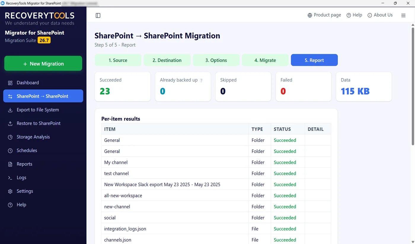 SharePoint migration report with per-item status