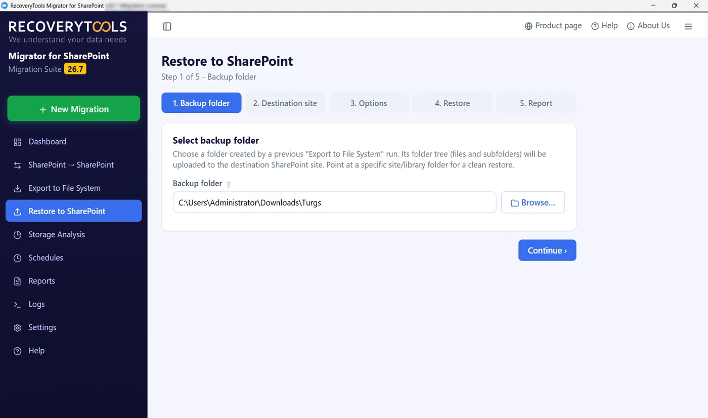 SharePoint restore software browsing to a backup folder