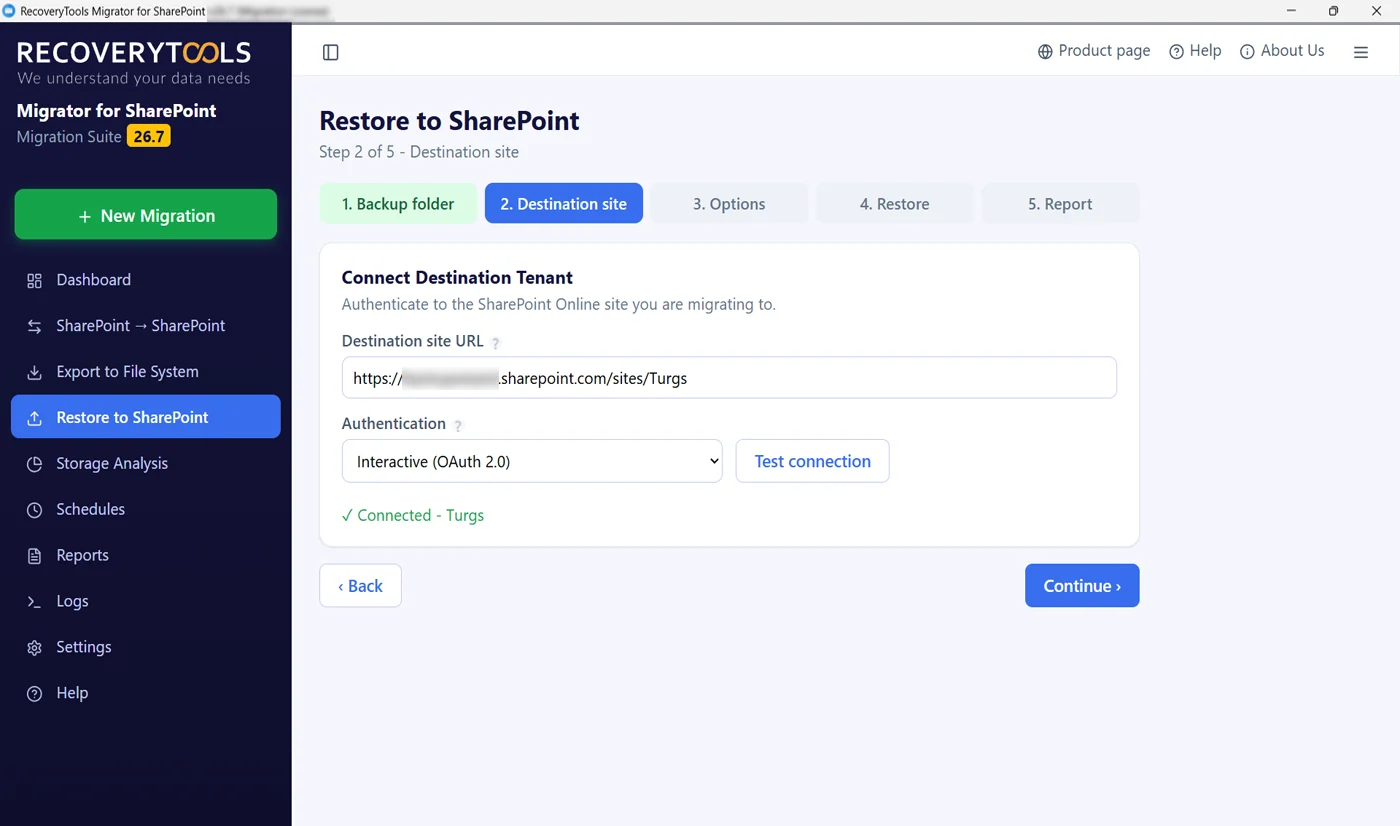 Connecting the destination SharePoint Online site over OAuth 2.0