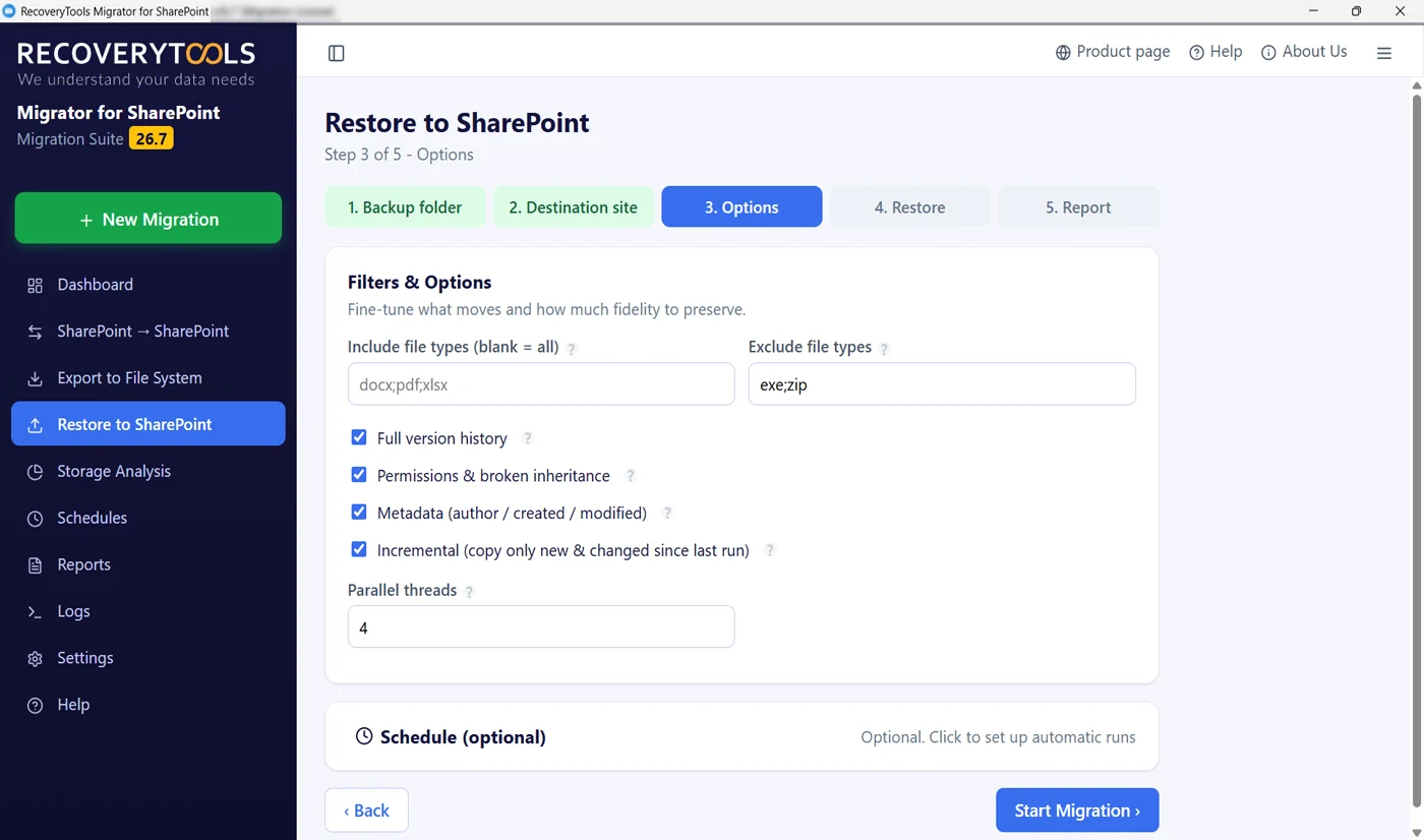 SharePoint restore filters for versions, permissions and metadata