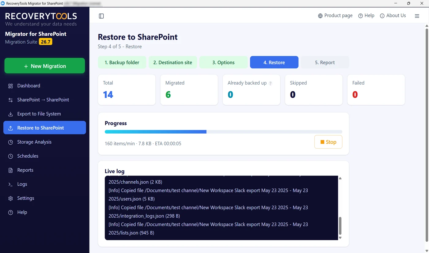 SharePoint restore running with live counters and a log