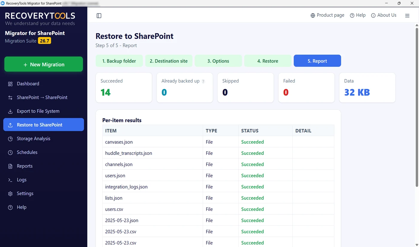 SharePoint restore report with per-item status for every file