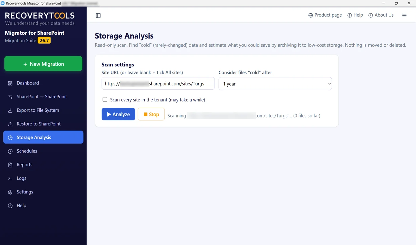 SharePoint storage scan in progress with a running file count
