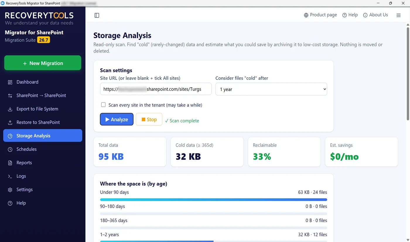 SharePoint storage analysis results with total, cold and reclaimable tiles