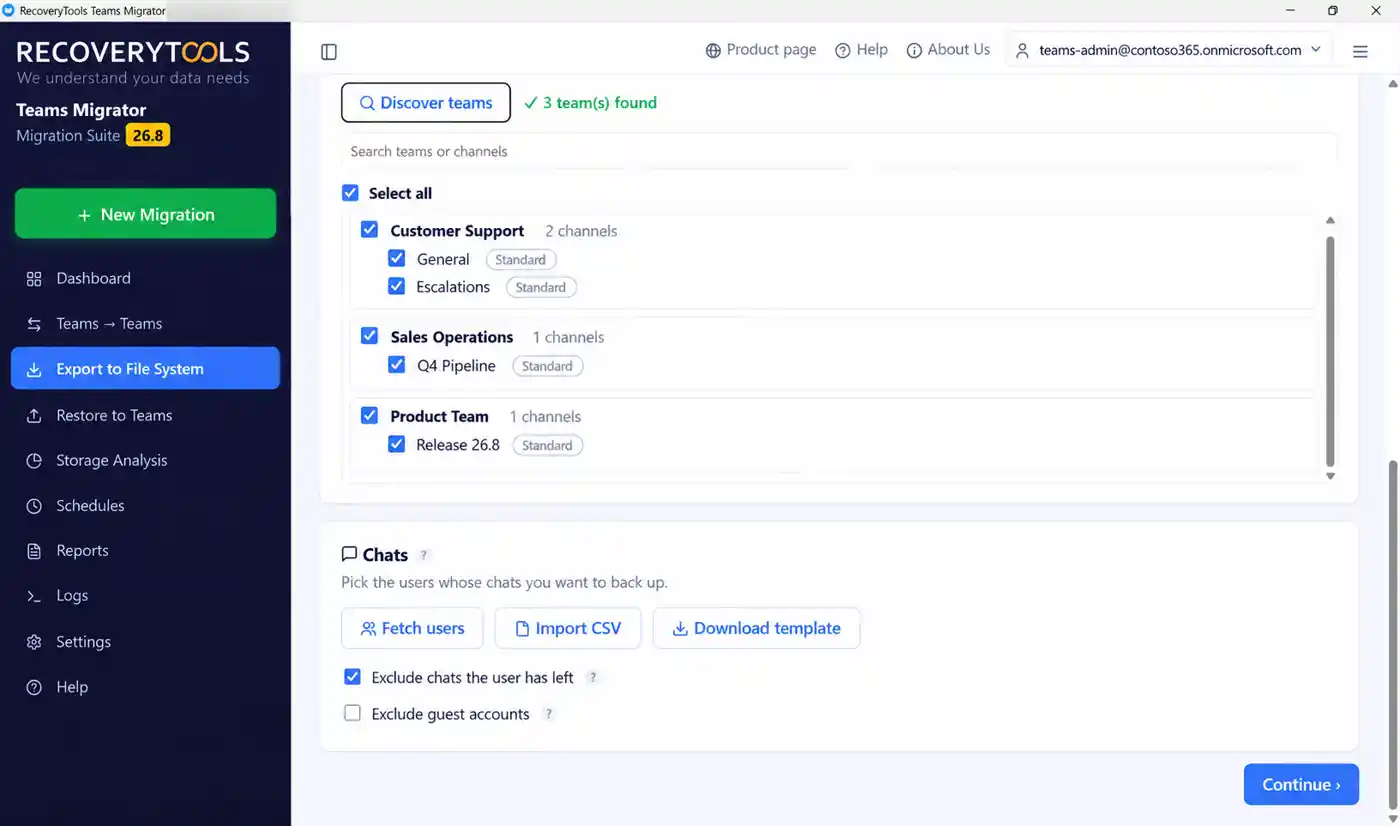 Teams migration software listing teams and their channels