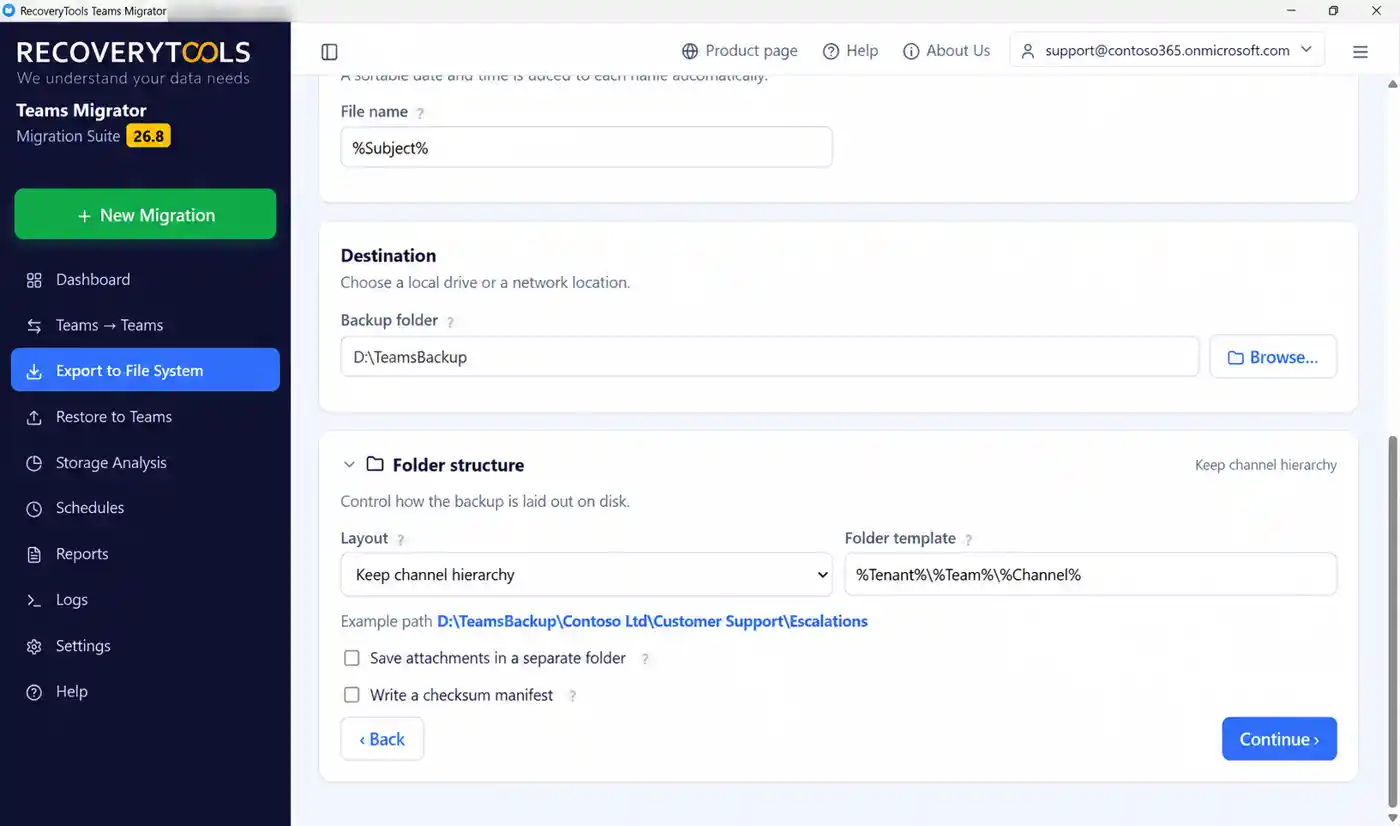 Teams migration tool folder template and example path