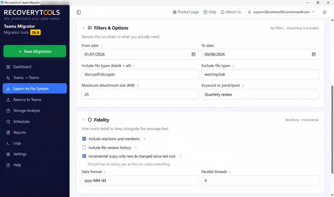 Teams migration software date and file type filters