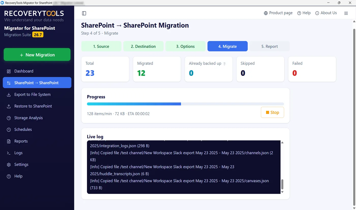 Cross-tenant migration tool running with live counters
